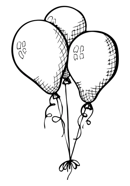 Três balões numa corda. Desenhado à mão, isolado sobre um fundo branco. Ilustração vetorial — Vetor de Stock