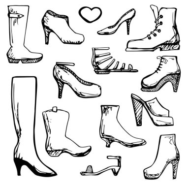 Farklı ayakkabı taslağını. Vektör çizim.