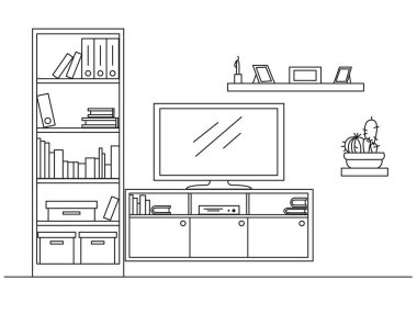 Doğrusal kroki iç. Kitaplık, şifoniyer Tv ve raflar. Vektör çizim.