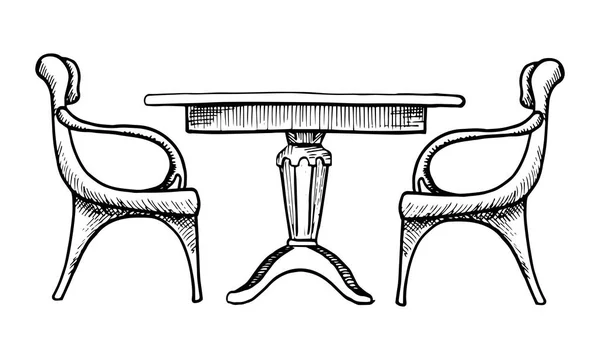 Zwei Stühle und ein Tisch. Vektorillustration im Skizzenstil. — Stockvektor