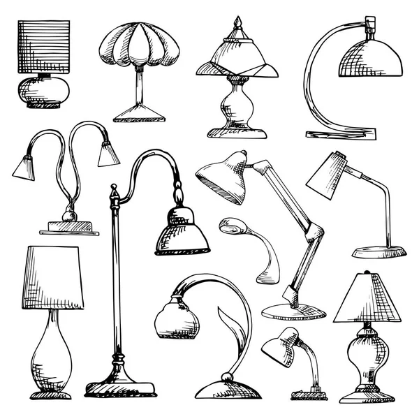 Set lampade isolate su sfondo bianco. Illustrazione vettoriale in stile schizzo . — Vettoriale Stock