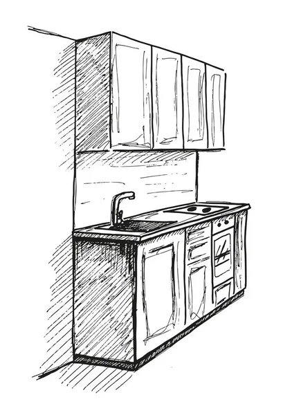 Esboço desenhado à mão. Esboço linear de um interior. Parte da casa de banho. Ilustração vetorial . — Vetor de Stock