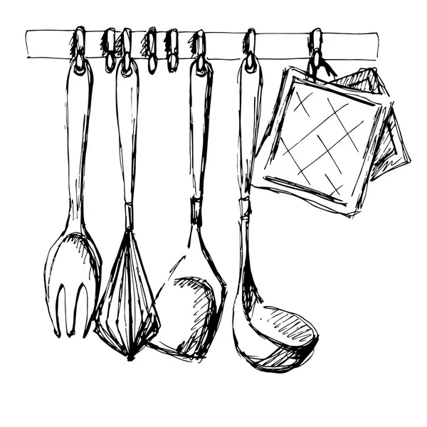 Utensils.Vector de la cocina ilustración en un estilo de boceto . — Archivo Imágenes Vectoriales