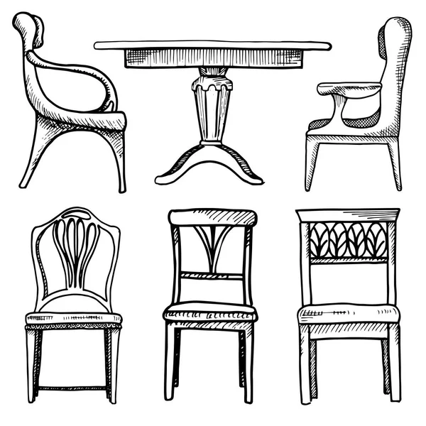 Conjunto de bocetos muebles aislados. Sillas y mesas diferentes. Mobiliario negro lineal sobre fondo blanco. Ilustración vectorial . — Archivo Imágenes Vectoriales