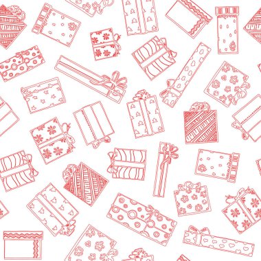 Hediye kutuları ile Seamless modeli. El çizim vektör hediyeler ile ayarla. Farklı tatil hediyesi. Yılbaşı, yılbaşı, doğum günü, Sevgililer günü ve diğer.