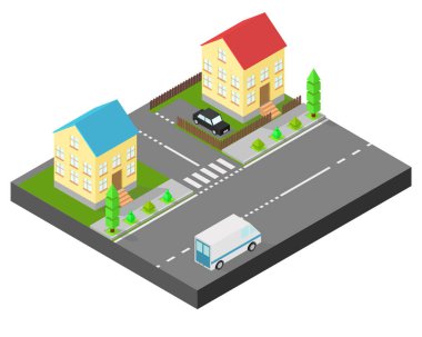 İzometrik evi. İki ev aynı sokakta. Kaldırım yol araba ağaçları ile. Avluya ile ahşap bir çit çit.