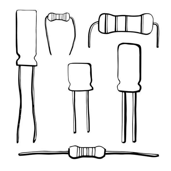 Set van elektronische componenten: weerstand, Elektrolytische condensator geïsoleerd op een witte achtergrond. Vectorillustratie in de stijl van een schets. — Stockvector