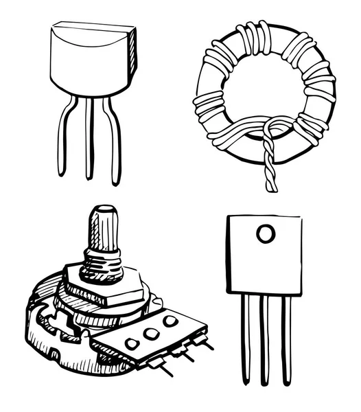 Conjunto Componentes eletrônicos: potenciômetro, transistor, indutor isolado sobre fundo branco. Ilustração vetorial em estilo esboço . —  Vetores de Stock