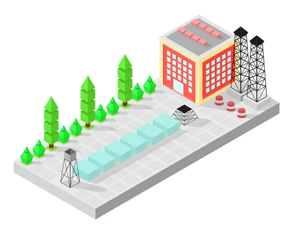 Lar isométrico. A fábrica com tanques de armazenamento. Estrada, arbustos verdes em frente à casa. Ilustração vetorial estilo isométrico . —  Vetores de Stock
