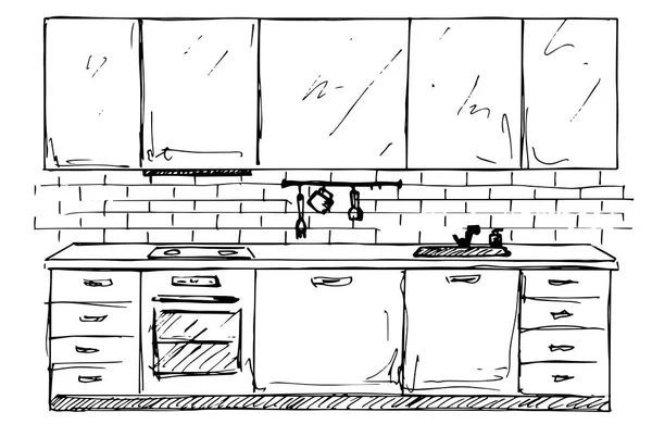 Tangan ditarik furnitur dapur. Sketsa masakan. Ilustrasi vektor . - Stok Vektor