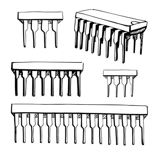 Mikrokontrolér, elektronická součástka izolovaných na bílém pozadí. Vektorové ilustrace v náčrtu stylu. — Stockový vektor