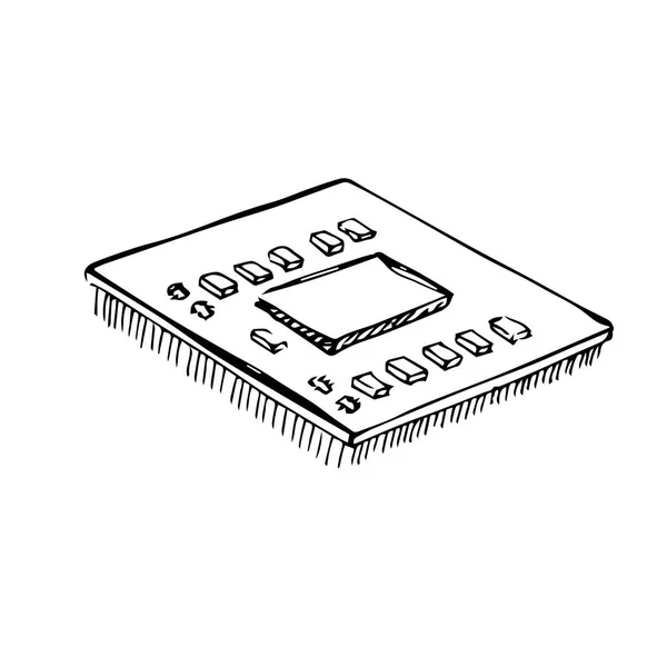 Microprocessore, cpu, processore isolato su sfondo bianco. Illustrazione vettoriale in stile schizzo . — Vettoriale Stock