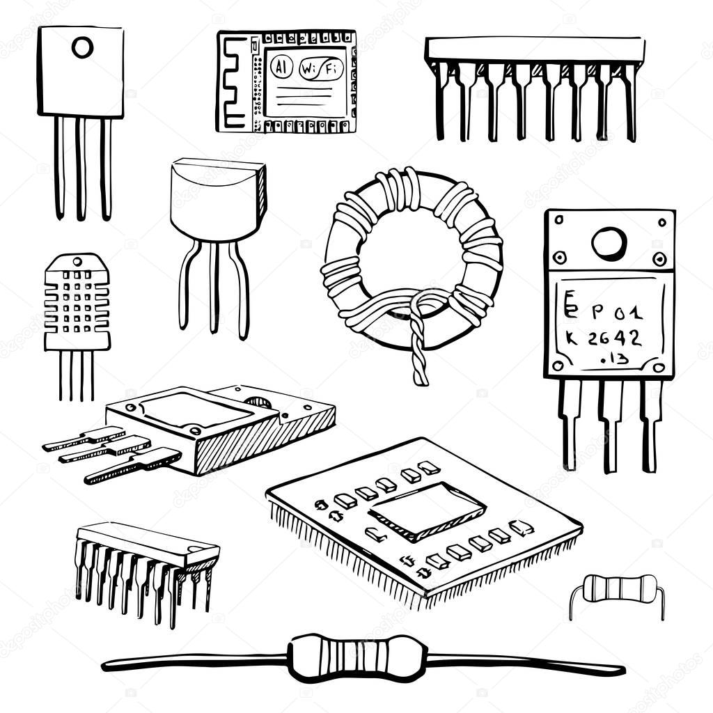 Set of electronic components: transistor, inductor, microchip, sensor, wi-fi module, cpu, resistor, microprocessor isolated on white background. Vector illustration in a sketch style.
