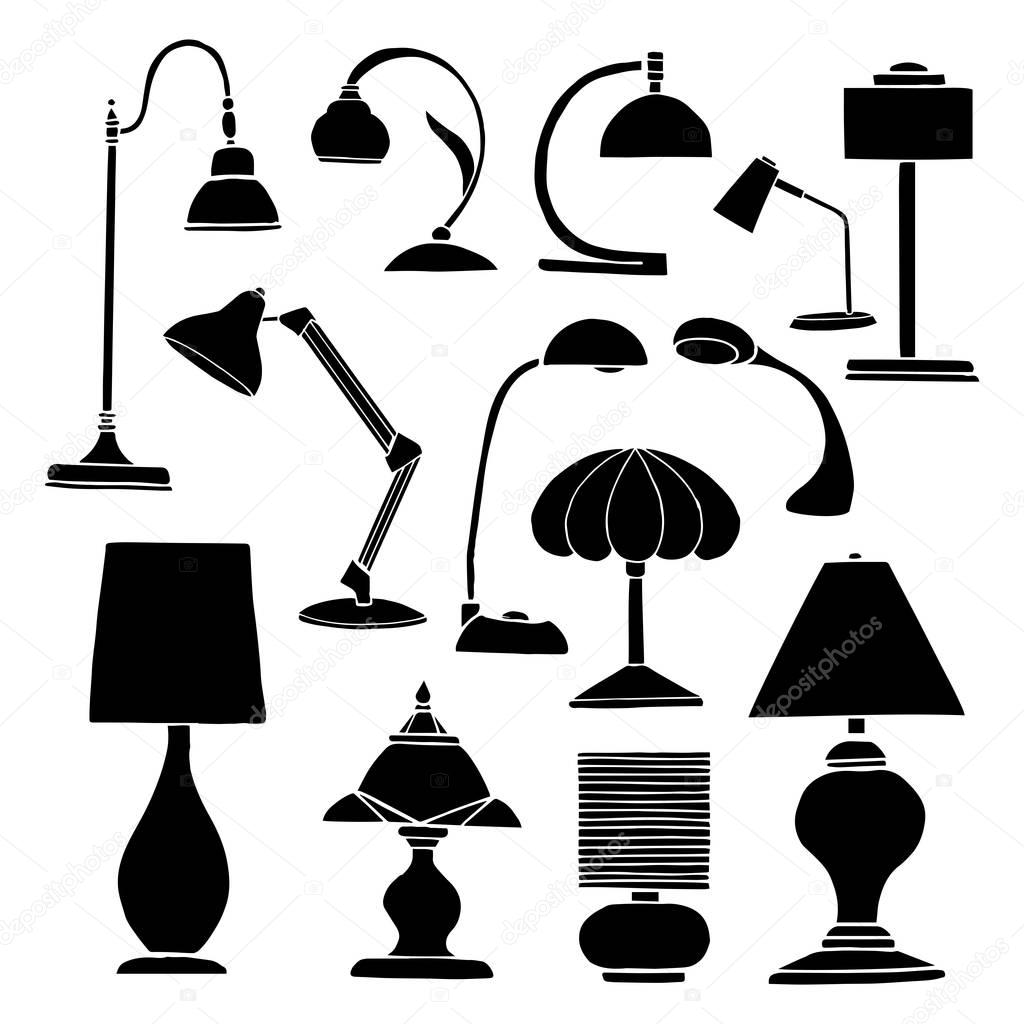 Set lamps isolated on white background. Vector illustration in a sketch style.