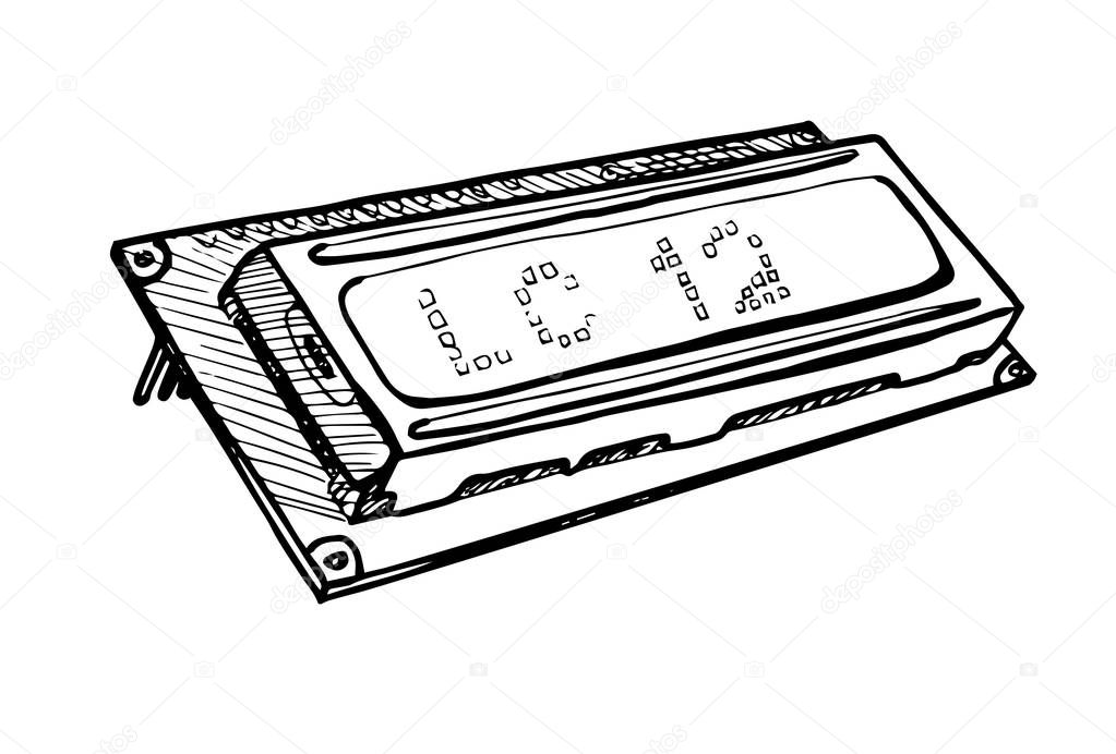 Lcd display module isolated on white background. Vector illustration in a sketch style.
