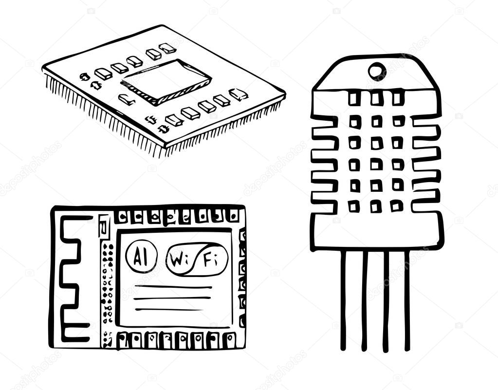 Cpu, wi-fi module, electronic sensor isolated on white background. Vector illustration in a sketch style.
