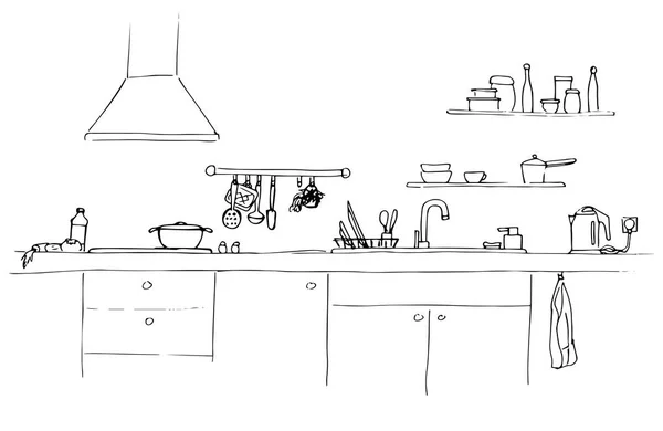 Νεροχύτη της κουζίνας. Πάγκο της κουζίνας με νεροχύτη. Το σκίτσο της κουζίνας. — Διανυσματικό Αρχείο