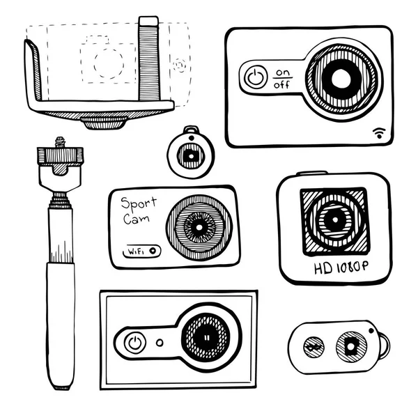 Defina a câmera esportiva, câmera de ação isolada no fundo branco. Ilustração vetorial em estilo esboço — Vetor de Stock