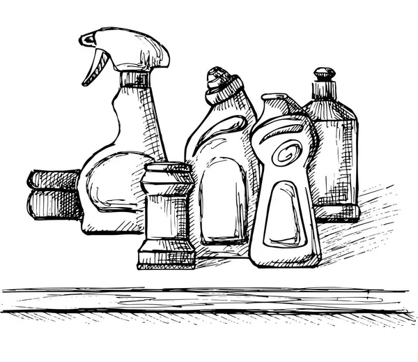 Bosquejo de productos químicos domésticos. Recogida de artículos de limpieza. Ilustración vectorial . — Vector de stock