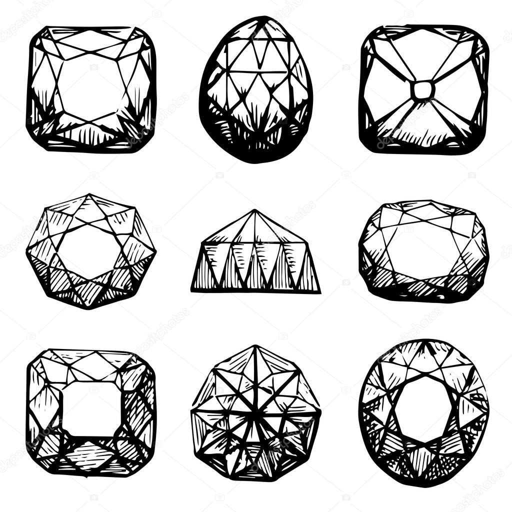 Diamond symbols. Black gems isolated on white background. Vector illustration.