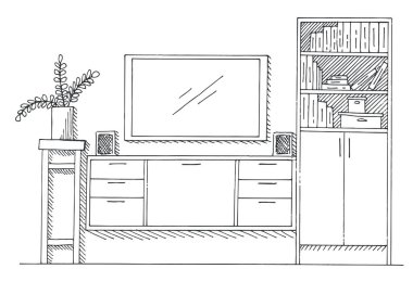 El çizimi eskiz. İçinin doğrusal çizimi. Kitaplık, televizyon ve raflı şifonyer. Vektör illüstrasyonu.