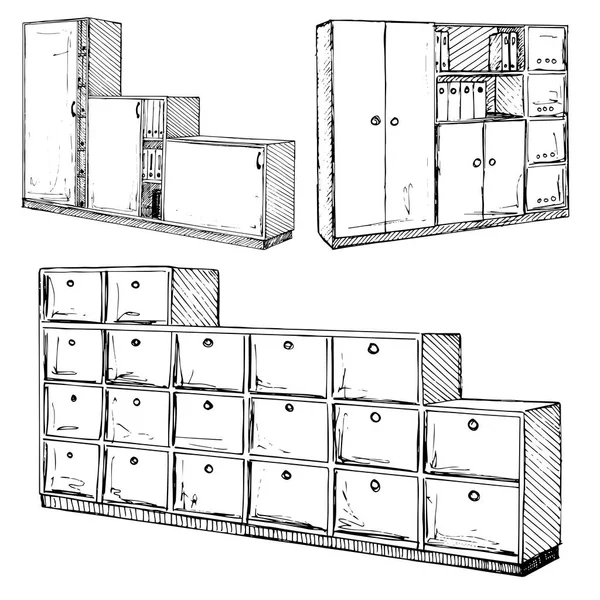 Uppsättning av kontorsmöbler. Stol, bord, garderob isolerad på vit bakgrund. Vektorillustration i skiss stil. — Stock vektor