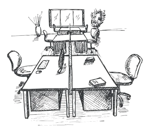 Açık alan ofis. İşyerleri açık havada. Masalar, sandalyeler ve windo