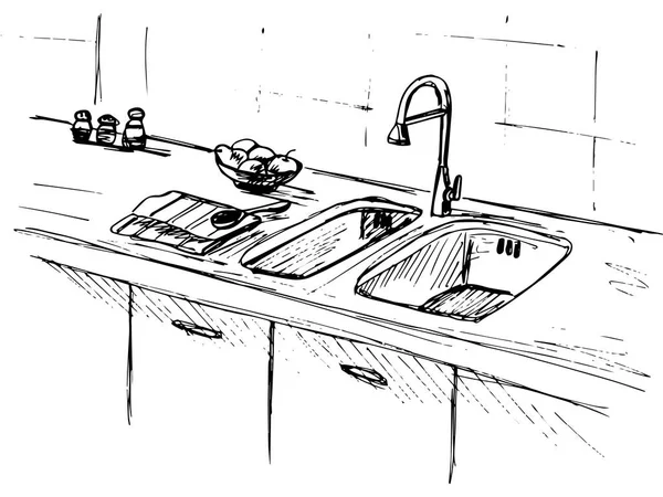 Évier. Plan de travail de cuisine avec évier. Le croquis de la cuisine . — Image vectorielle