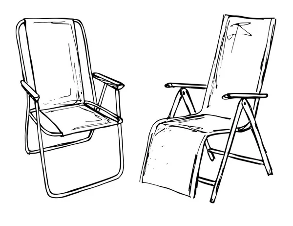 Deux chaises pliantes sur un fond blanc isolé. Illustration vectorielle dans un style de croquis — Image vectorielle