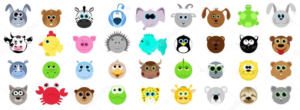 Big set of different animals in cartoon style. Domestic animals, wild. Animals from the farm and from the zoo. Vector illustration in cartoon style.