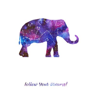 Fil silüeti. Yıldızlı gökyüzü farklı takımyıldızları ile. El çizmek suluboya. Kartı izleyin Your dreams