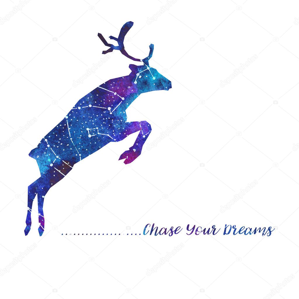 Silhouette of deer. Starry sky with different constellations. Hand draw watercolor. Card. Chase Your dreams.
