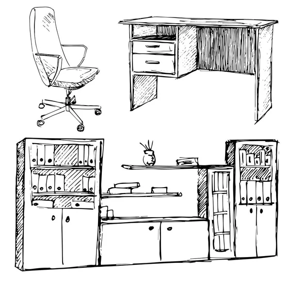 Uppsättning av kontorsmöbler. Stol, bord, garderob isolerad på vit bakgrund. Vektorillustration i skiss stil. — Stock vektor