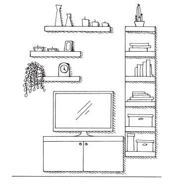 El çizimi eskiz. İçinin doğrusal çizimi. Kitaplık, televizyon ve raflı şifonyer. Vektör illüstrasyonu