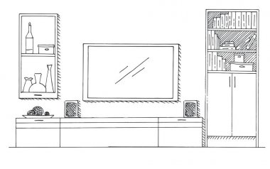 El çizimi eskiz. İçinin doğrusal çizimi. Kitaplık, televizyon ve raflı şifonyer. Vektör illüstrasyonu