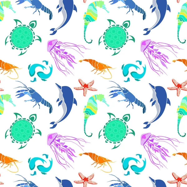 Marine life. Seamless multicolored pattern. Vector illustration in a flat style. — Stock Vector