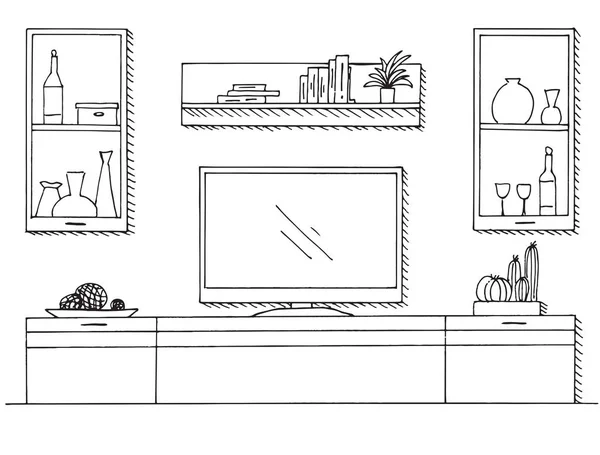 Sketsa gambar tangan. Sketsa Linear interior. Bookcase, lemari dengan TV dan rak. Ilustrasi vektor - Stok Vektor