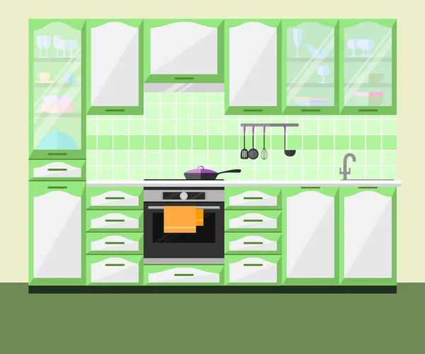 Cucina interna con mobili e attrezzature. Illustrazione piatta vettoriale . — Vettoriale Stock