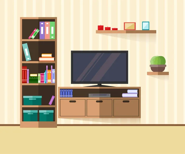 Zona de TV de diseño en un estilo plano. Salón interior con muebles, tv y estante. Ilustración vectorial — Vector de stock