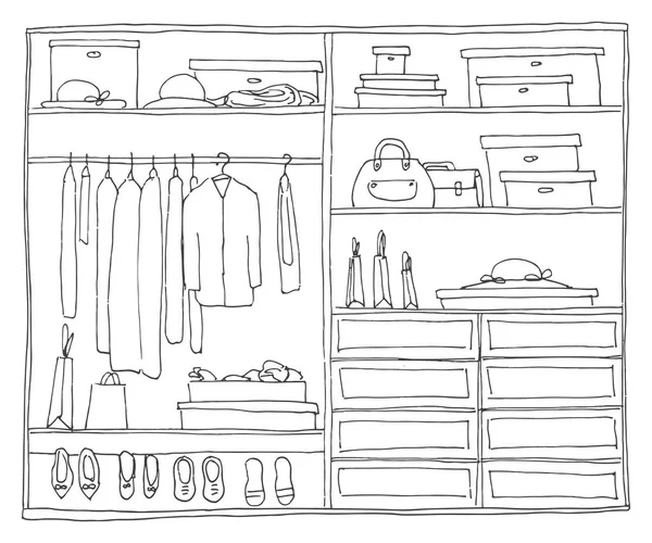 Armoire ouverte avec des vêtements sur des étagères et cintres. Illustration vectorielle d'un style de croquis . — Image vectorielle