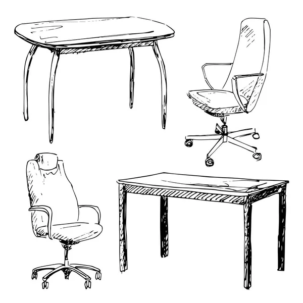 Ensemble de croquis meubles isolés. Différentes chaises et table. Linea — Image vectorielle