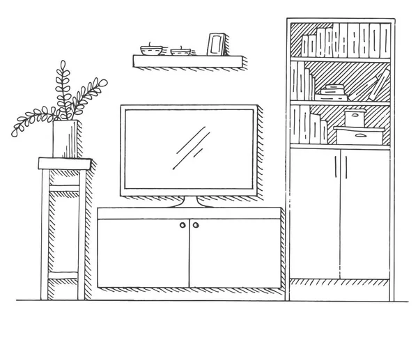 Met de hand getekend. Lineaire schets van het interieur. Boekenkast, dressoir met TV en planken. Vectorillustratie — Stockvector