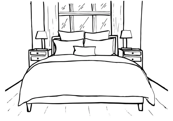 Elle çizilmiş kroki. Bir iç doğrusal taslağını. Satır yatak odası kroki. Vektör çizim. Oda planı. — Stok Vektör