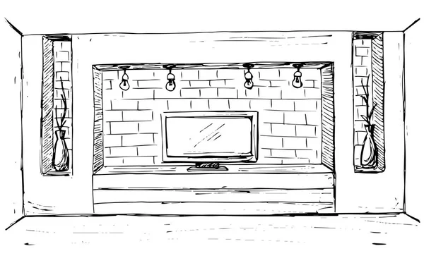 Croquis de l'intérieur. Commode avec TV et étagères. Illustration vectorielle . — Image vectorielle