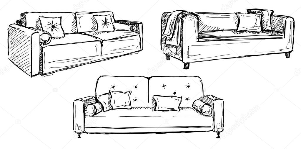 Three sofas isolated on white background.Vector illustration in a sketch style.