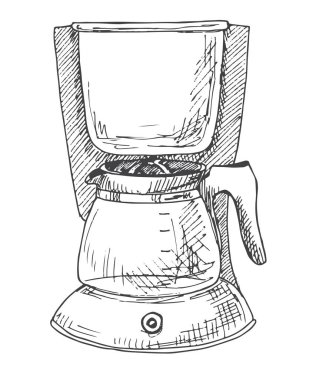 Beyaz arka plan üzerinde izole kahve makinesi. Bir kroki stil vektör çizim.