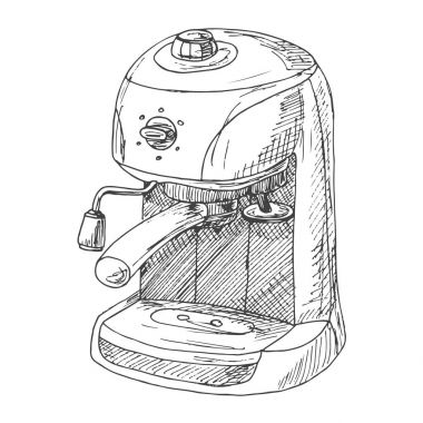 Beyaz arka plan üzerinde izole kahve makinesi. Bir kroki stil vektör çizim.
