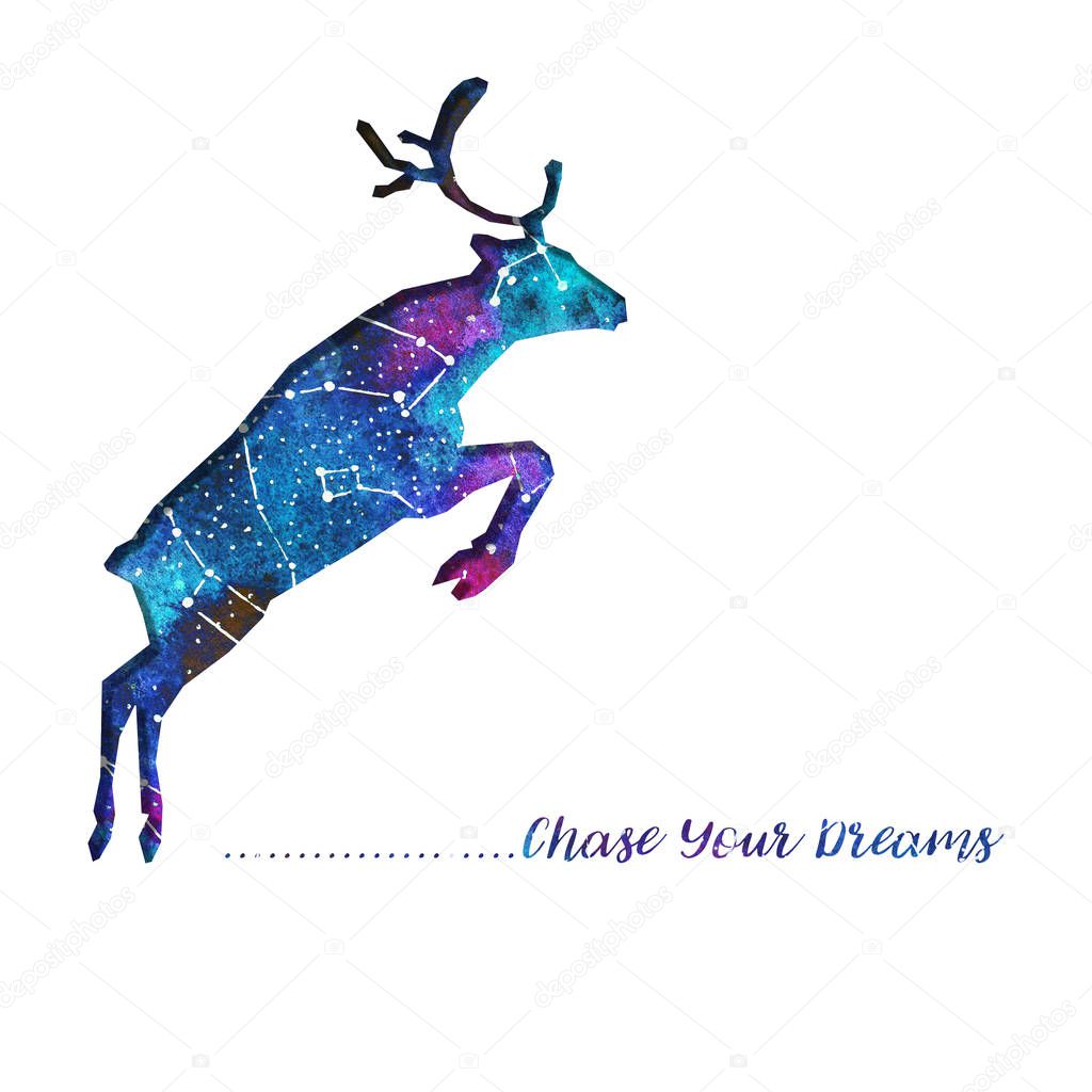 Silhouette of deer cut out of paper. Starry sky with different constellations. Hand draw watercolor. Card. Chase Your dreams. 