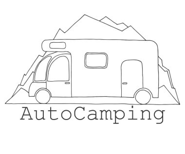 Camper Dağları'nın arka plan üzerinde. Amblem, logo araba kamp. Bir kroki tarzı çizilmiş vektör çizim el.