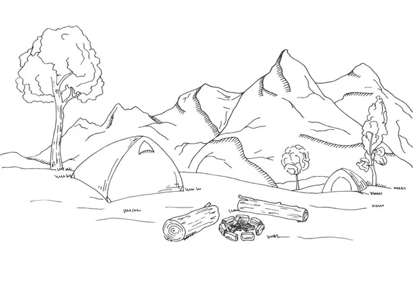 Paisaje de montaña. Tiendas de campaña y una hoguera en el fondo del bosque y las montañas. Ilustración vectorial de un estilo de boceto . — Vector de stock